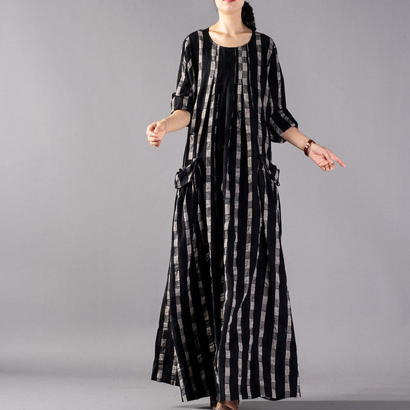 New Black Plaid Clothing O Neck Baggy Fall Dresses Pockets Maxi Dresses