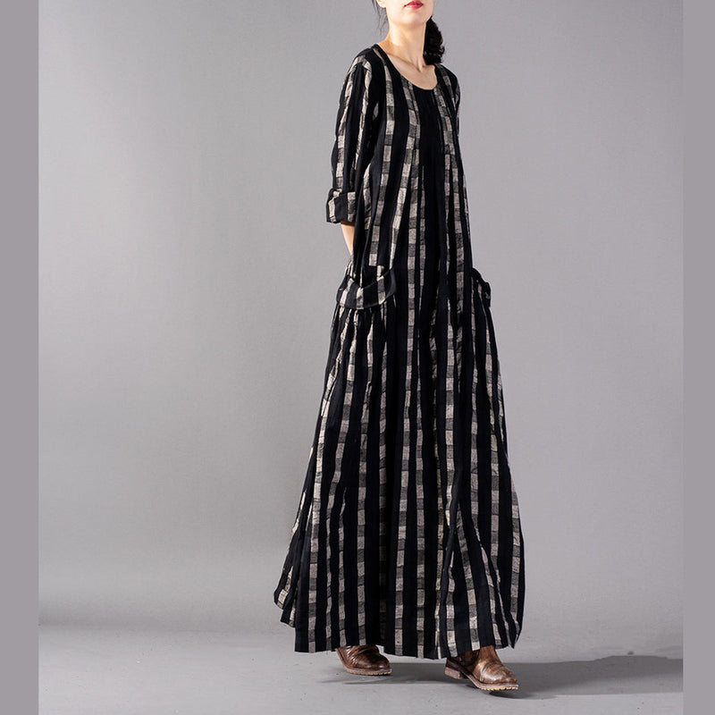 New Black Plaid Clothing O Neck Baggy Fall Dresses Pockets Maxi Dresses