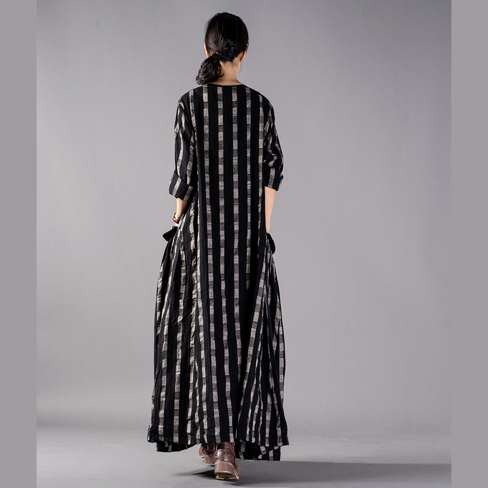 New Black Plaid Clothing O Neck Baggy Fall Dresses Pockets Maxi Dresses