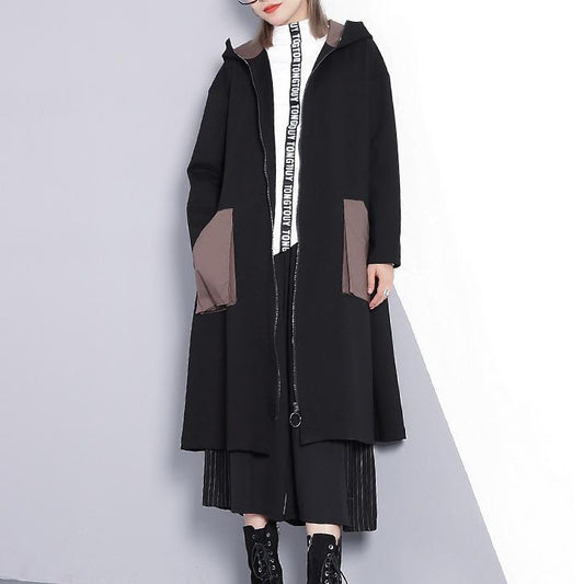New Black Winter Coat Oversize Hooded Zippered Outwear Fine Pockets Trench Coat