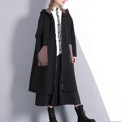 New Black Winter Coat Oversize Hooded Zippered Outwear Fine Pockets Trench Coat