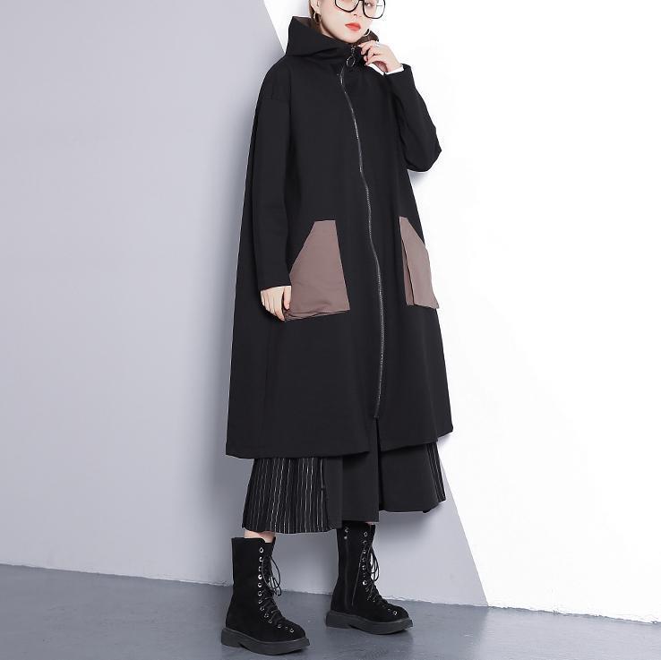 New Black Winter Coat Oversize Hooded Zippered Outwear Fine Pockets Trench Coat