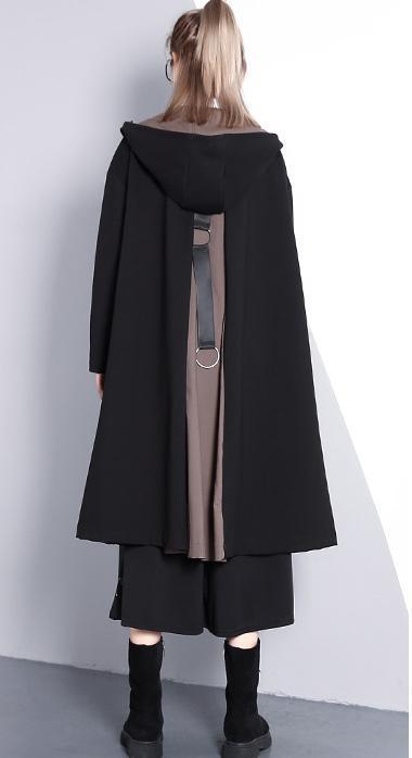 New Black Winter Coat Oversize Hooded Zippered Outwear Fine Pockets Trench Coat