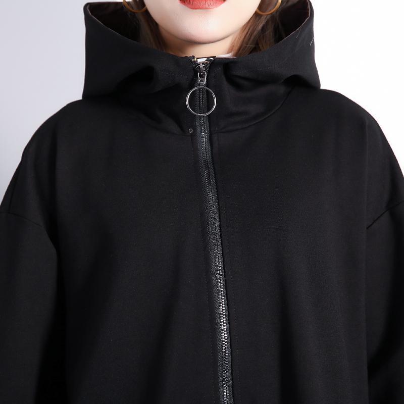 New Black Winter Coat Oversize Hooded Zippered Outwear Fine Pockets Trench Coat