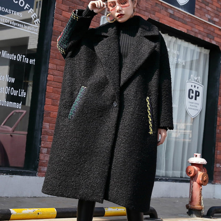 New Black Winter Coat Oversized Notched Back Side Open Maxi Coat Pockets Patchwork Long Jackets