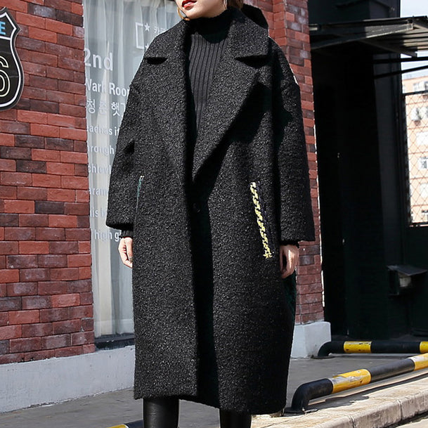 New Black Winter Coat Oversized Notched Back Side Open Maxi Coat Pockets Patchwork Long Jackets