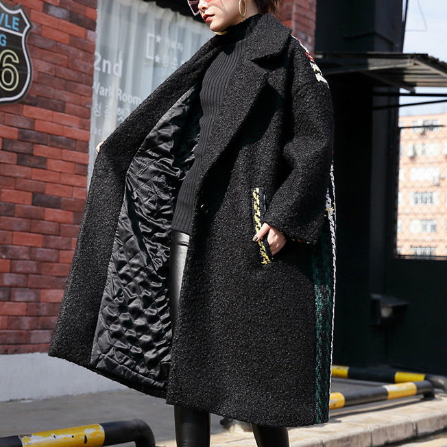 New Black Winter Coat Oversized Notched Back Side Open Maxi Coat Pockets Patchwork Long Jackets