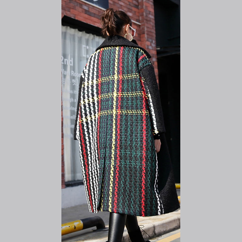 New Black Winter Coat Oversized Notched Back Side Open Maxi Coat Pockets Patchwork Long Jackets