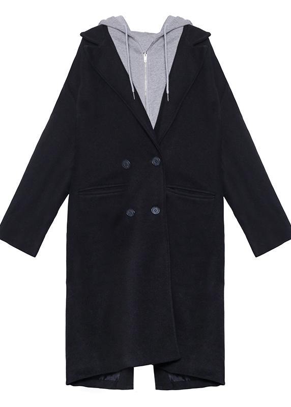 New Black Woolen Coats Notched False Two Pieces Winter Coats