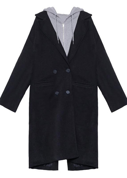 New Black Woolen Coats Notched False Two Pieces Winter Coats