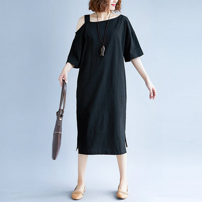 New Black Cotton Dress Traveling Dress Boutique Short Sleeve Baggy Dresses O Neck Cotton Clothing