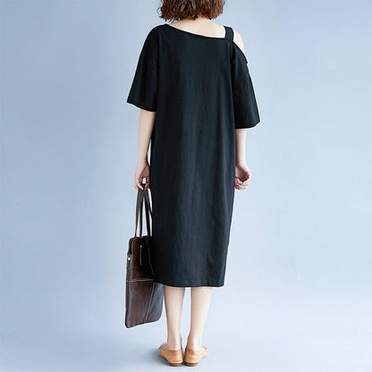 New Black Cotton Dress Traveling Dress Boutique Short Sleeve Baggy Dresses O Neck Cotton Clothing
