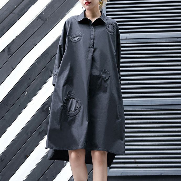 New Black Cotton Knee Dress Clothing Cotton Maxi Dress Lapel Collar Asymmetric Cotton Dresses