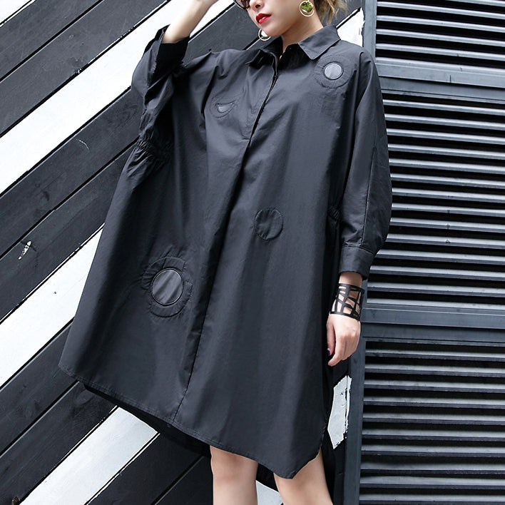 New Black Cotton Knee Dress Clothing Cotton Maxi Dress Lapel Collar Asymmetric Cotton Dresses