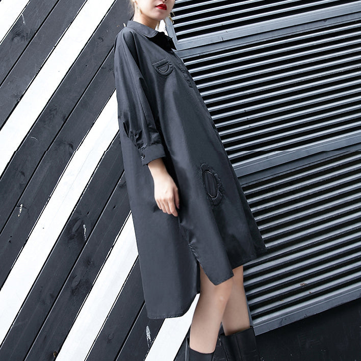 New Black Cotton Knee Dress Clothing Cotton Maxi Dress Lapel Collar Asymmetric Cotton Dresses