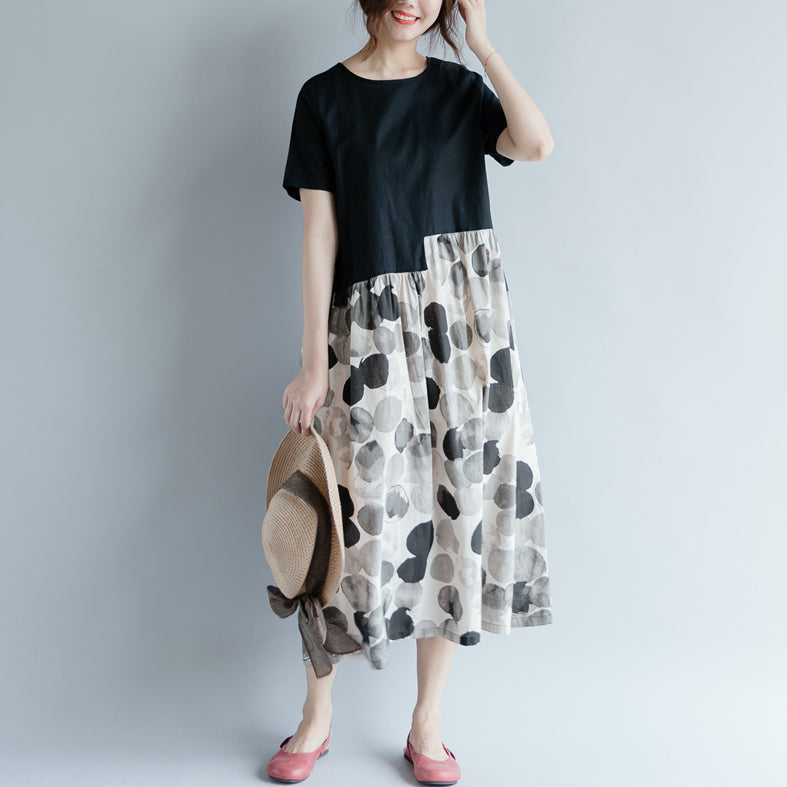 New Black Cotton Linen Dresses Clothing Short Sleeve Print Patchwork O Neck Gown