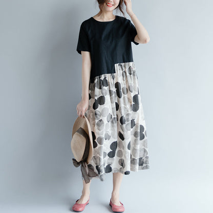 New Black Cotton Linen Dresses Clothing Short Sleeve Print Patchwork O Neck Gown