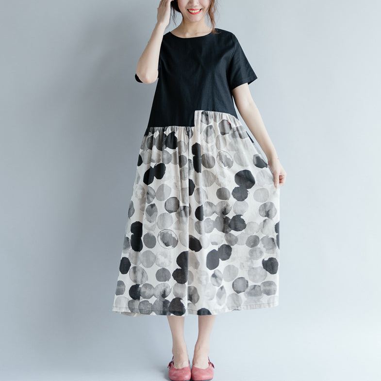 New Black Cotton Linen Dresses Clothing Short Sleeve Print Patchwork O Neck Gown