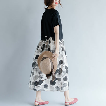 New Black Cotton Linen Dresses Clothing Short Sleeve Print Patchwork O Neck Gown