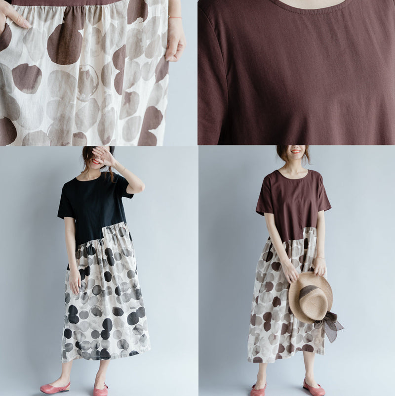 New Black Cotton Linen Dresses Clothing Short Sleeve Print Patchwork O Neck Gown
