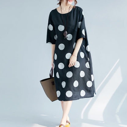 New Black Dotted Cotton Linen Dresses Clothing O Neck Pockets Cotton Linen Clothing Dress Half Sleeve Patchwork Maxi Dresses