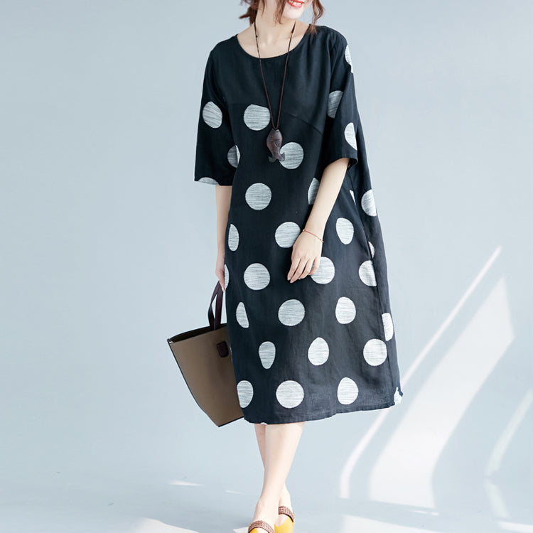 New Black Dotted Cotton Linen Dresses Clothing O Neck Pockets Cotton Linen Clothing Dress Half Sleeve Patchwork Maxi Dresses