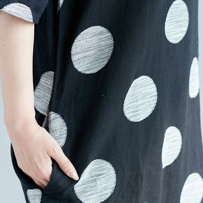 New Black Dotted Cotton Linen Dresses Clothing O Neck Pockets Cotton Linen Clothing Dress Half Sleeve Patchwork Maxi Dresses