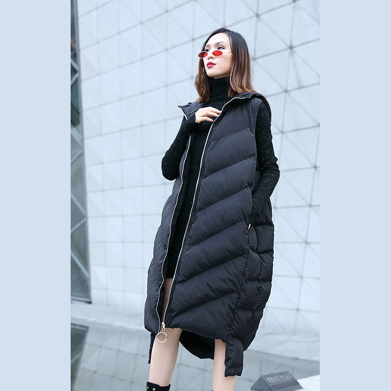 New Black Down Tops Hooded Zippered Down Jacket Sleeveless Trench Tops