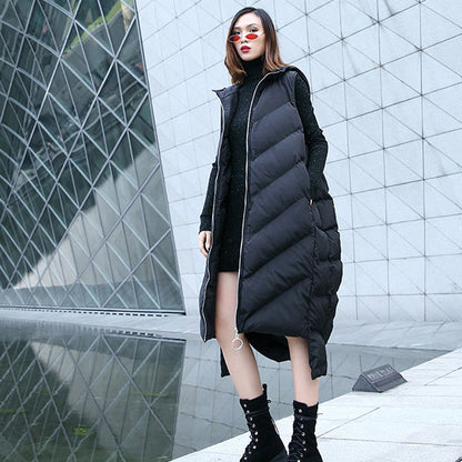 New Black Down Tops Hooded Zippered Down Jacket Sleeveless Trench Tops