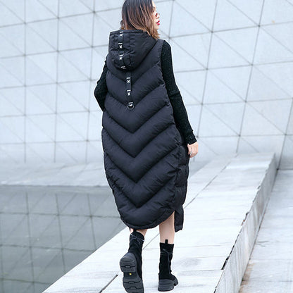 New Black Down Tops Hooded Zippered Down Jacket Sleeveless Trench Tops