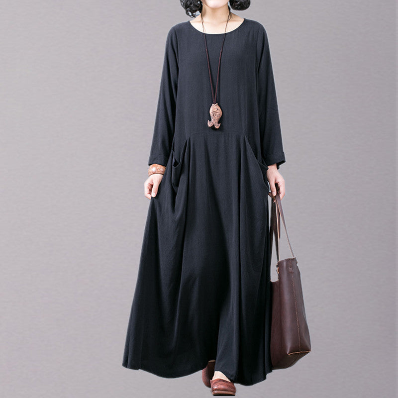 New Black Fall Dress O Neck Pockets Traveling Clothing Boutique Long Sleeve Autumn Dress