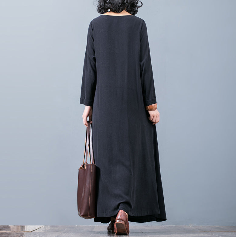 New Black Fall Dress O Neck Pockets Traveling Clothing Boutique Long Sleeve Autumn Dress