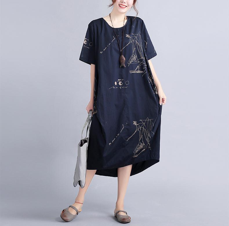 New Black Linen Knee Dress Oversized Linen Clothing Dress Short Sleeve Prints Linen Cotton Dress