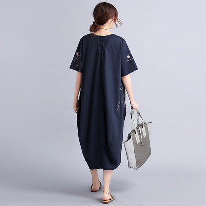 New Black Linen Knee Dress Oversized Linen Clothing Dress Short Sleeve Prints Linen Cotton Dress