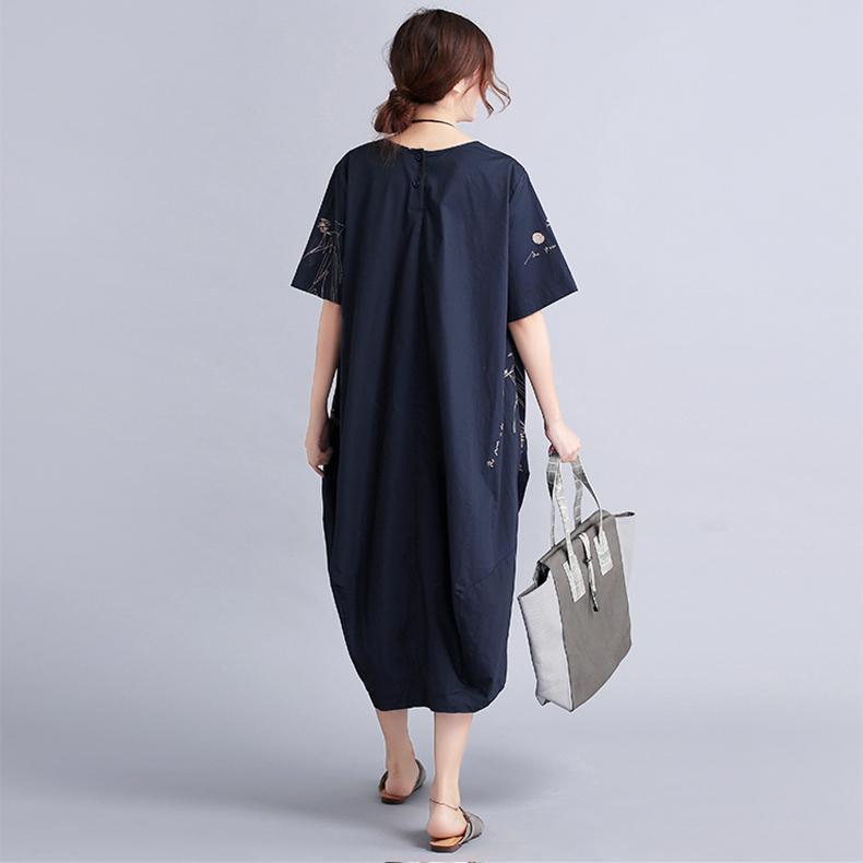 New Black Linen Knee Dress Oversized Linen Clothing Dress Short Sleeve Prints Linen Cotton Dress