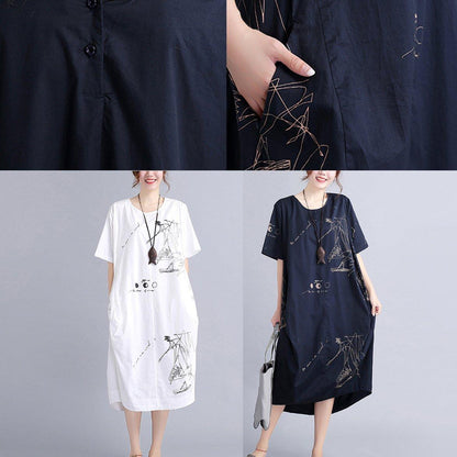 New Black Linen Knee Dress Oversized Linen Clothing Dress Short Sleeve Prints Linen Cotton Dress