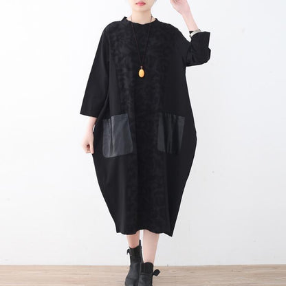 New Black Natural Linen Dress Oversized Patchwork Caftans New Pockets Maxi Dresses