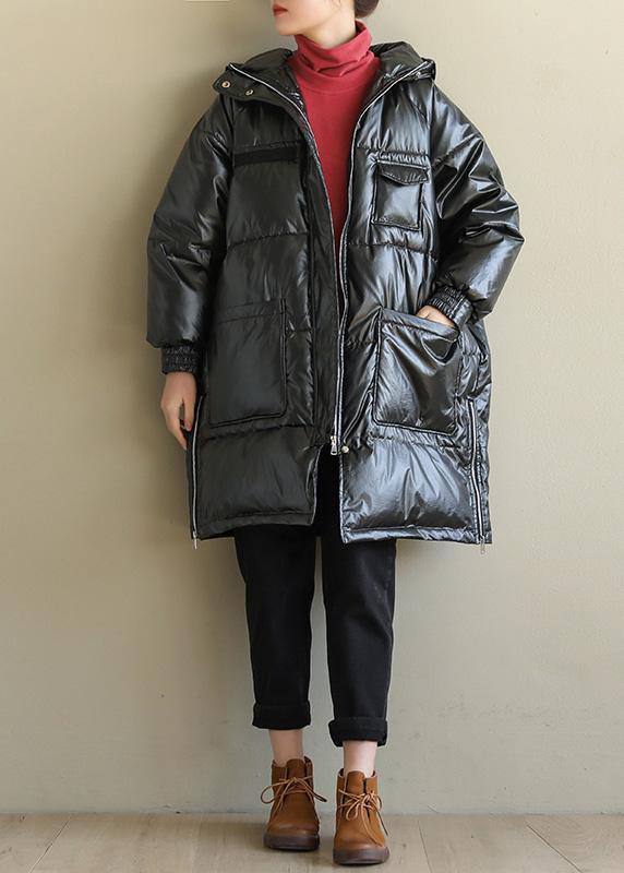 New Black Overcoat Oversize Snow Jackets Hooded Zippered Coats