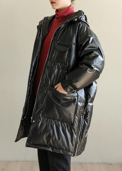 New Black Overcoat Oversize Snow Jackets Hooded Zippered Coats