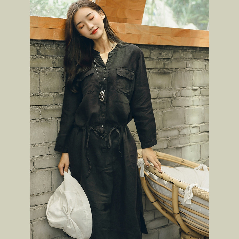 New Black Linen Dress Tie Waist V Neck Clothing Dress