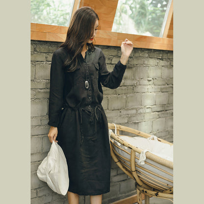 New Black Linen Dress Tie Waist V Neck Clothing Dress