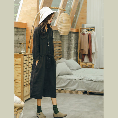 New Black Linen Dress Tie Waist V Neck Clothing Dress