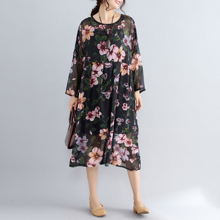 New Black Prints Chiffon Dresses Dress Long Sleeve Two Pieces Dress