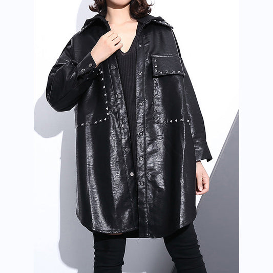 New Black Pu Blouse Oversize Lapel Collar Pockets T Shirt Long Sleeve Rivet Pu Coat
