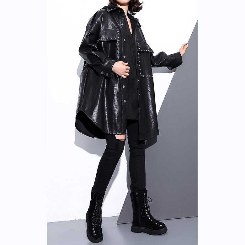 New Black Pu Blouse Oversize Lapel Collar Pockets T Shirt Long Sleeve Rivet Pu Coat