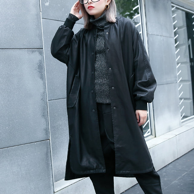 New Black Pu Clothing Stand Collar Holiday Tops Fine Side Open Pockets Linen Pu Coat
