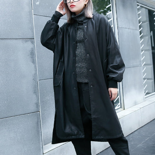 New Black Pu Clothing Stand Collar Holiday Tops Fine Side Open Pockets Linen Pu Coat