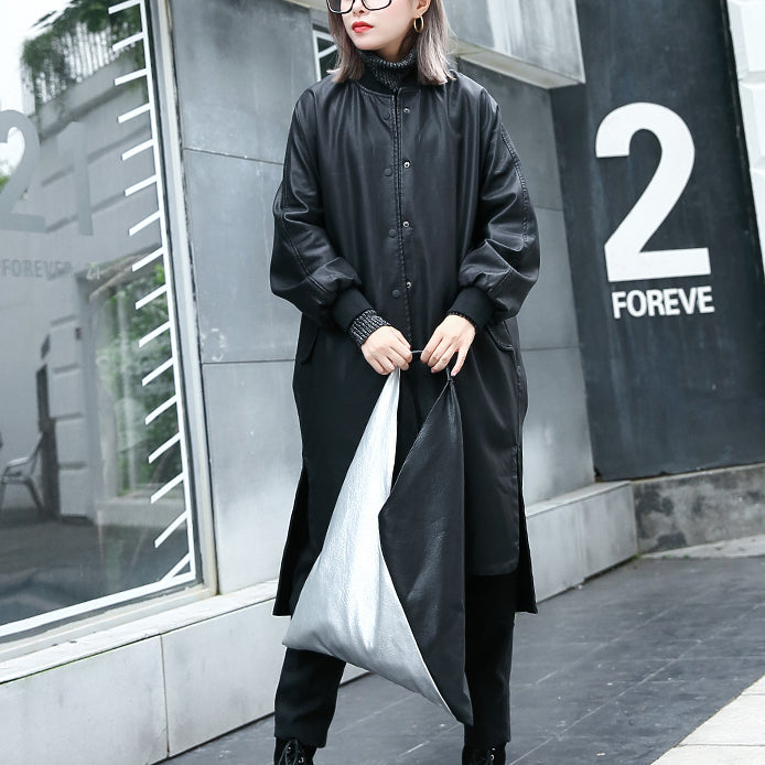 New Black Pu Clothing Stand Collar Holiday Tops Fine Side Open Pockets Linen Pu Coat