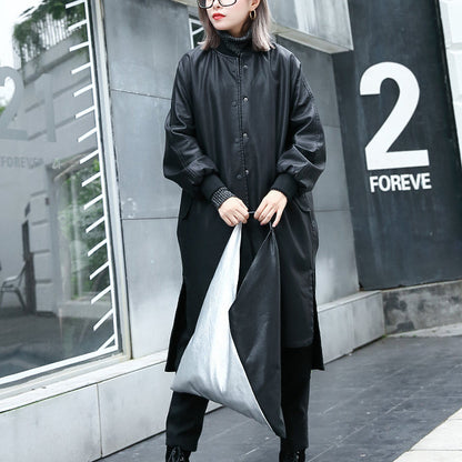 New Black Pu Clothing Stand Collar Holiday Tops Fine Side Open Pockets Linen Pu Coat