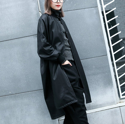 New Black Pu Clothing Stand Collar Holiday Tops Fine Side Open Pockets Linen Pu Coat
